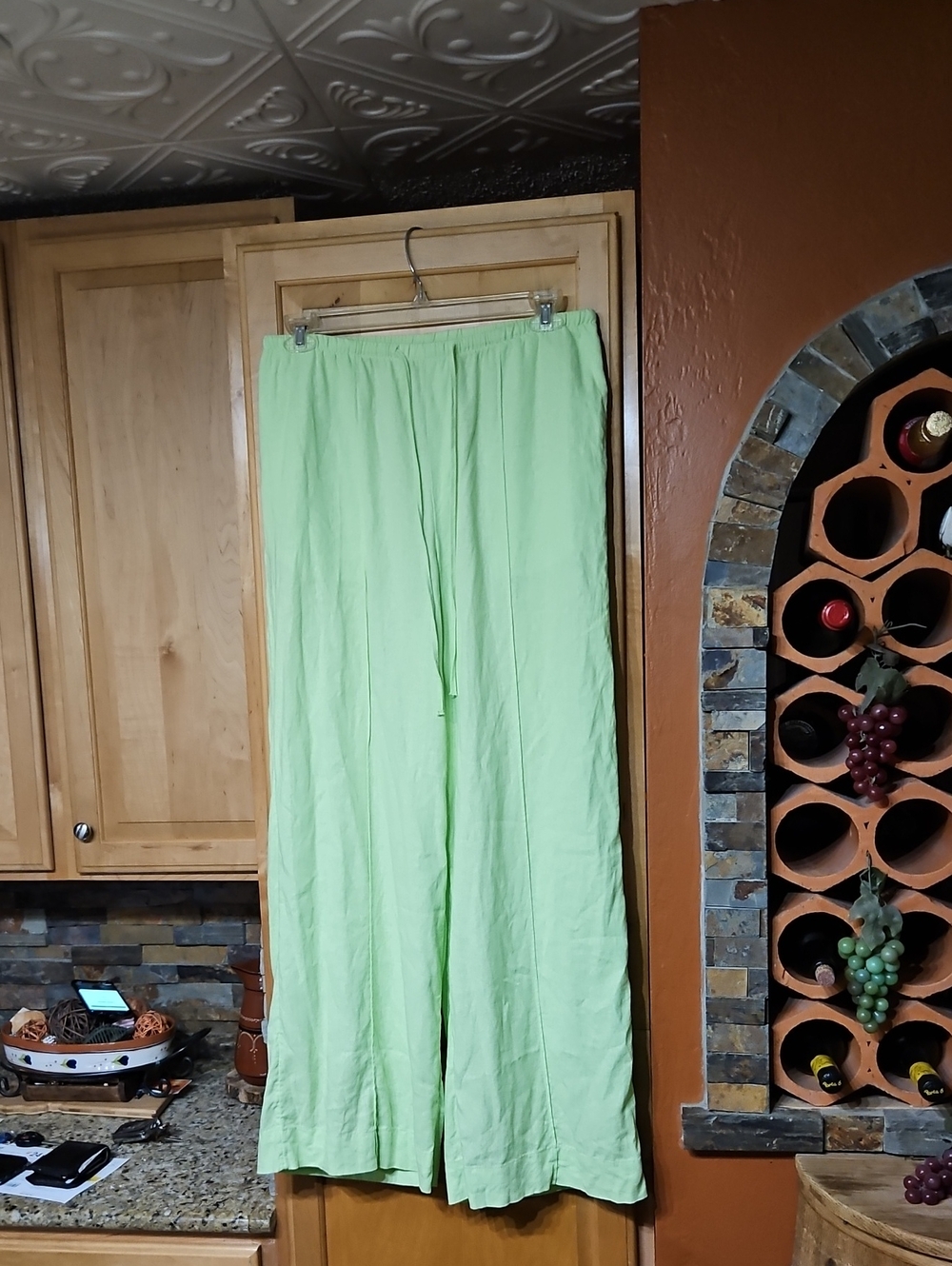 A New Day Green Linen Blend Wide Leg Pants Drawstring Lagenlook